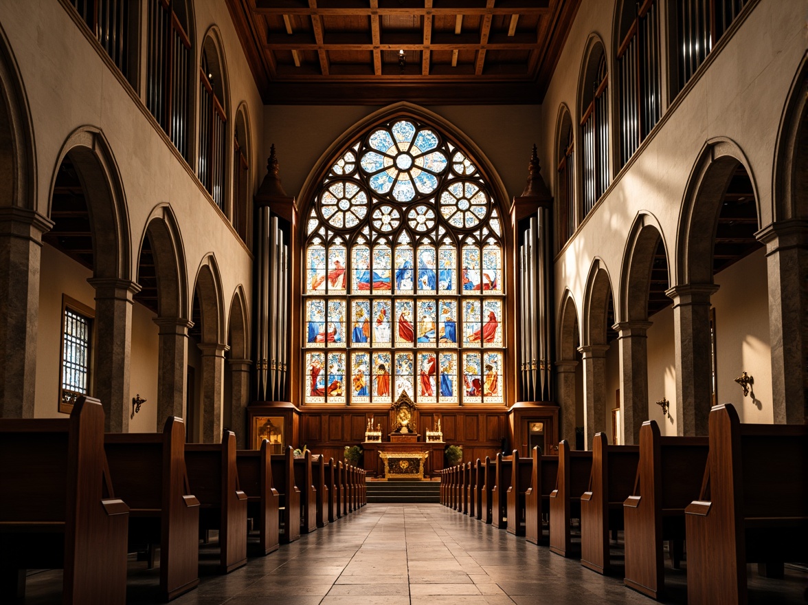 Prompt: Intricate stained glass windows, symmetrical arches, ornate vaulted ceilings, grandiose pipe organs, minimalist pews, sacred altars, geometric patterns, constructivist architecture, brutalist concrete structures, abstract sculptures, vibrant colorful mosaics, dramatic lighting effects, high contrast shadows, 1/1 composition, low-angle shot, warm golden hour lighting, realistic textures, ambient occlusion.