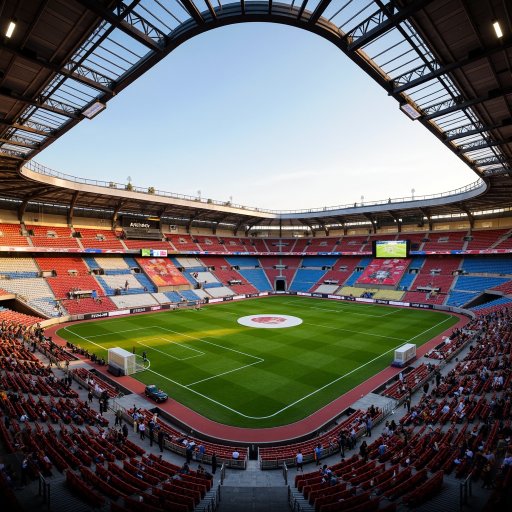 Prompt: Vibrant soccer stadium, bold team colors, dynamic seating areas, lush green grass, athletic track, modern architecture, sleek metal structures, transparent roofs, retractable canopies, floodlighting systems, evening ambiance, warm golden lighting, shallow depth of field, 1/1 composition, realistic textures, ambient occlusion, energetic atmosphere, cheering crowds, sports branding elements.