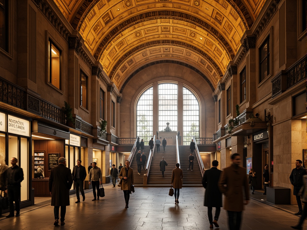 Prompt: Grand archways, ornate columns, vaulted ceilings, intricate stone carvings, warm golden lighting, bustling metro station, Romanesque Revival architecture, rustic brick walls, grand staircases, elegant balustrades, ornamental metalwork, vintage signage, busy commuters, morning rush hour, soft focus, shallow depth of field, 1/2 composition, symmetrical framing, realistic textures, ambient occlusion.