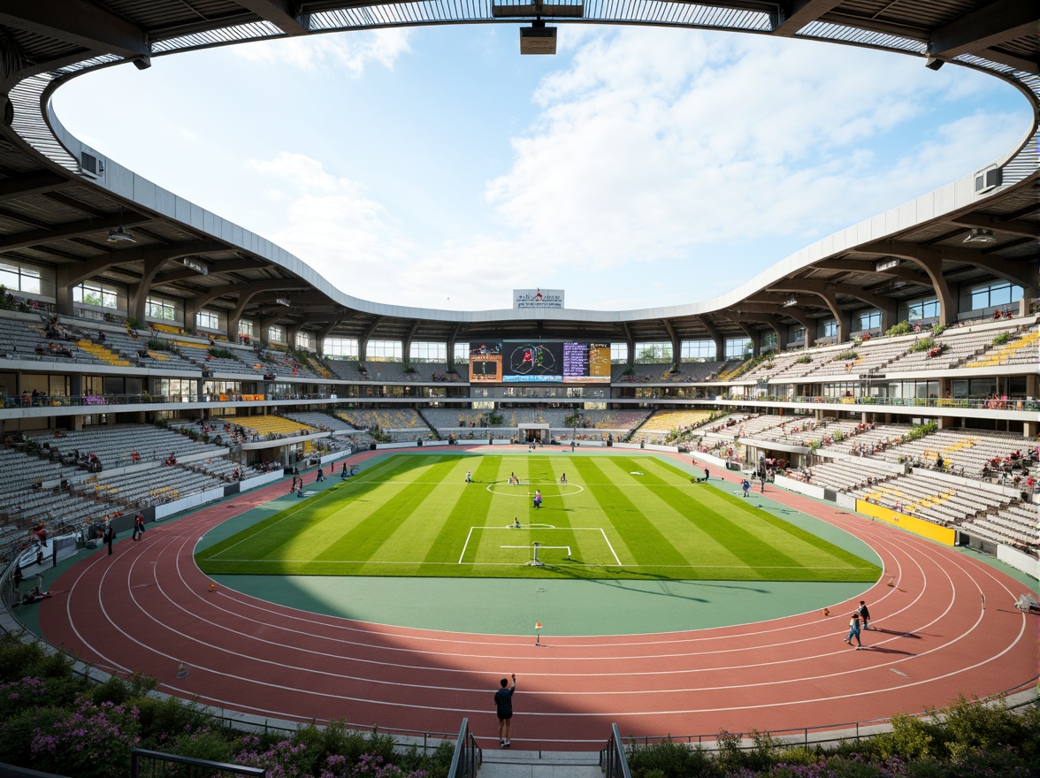 Prompt: Athletic track, lush green grass, vibrant sports equipment, goalposts, scoreboards, spectator stands, modern stadium architecture, sleek metal bleachers, transparent glass railings, dynamic angular lines, functional minimalist design, efficient crowd circulation, accessible entrances, intuitive wayfinding, natural stone pathways, shaded areas, misting systems, warm sunny day, soft diffused lighting, shallow depth of field, 3/4 composition, panoramic view, realistic textures, ambient occlusion.