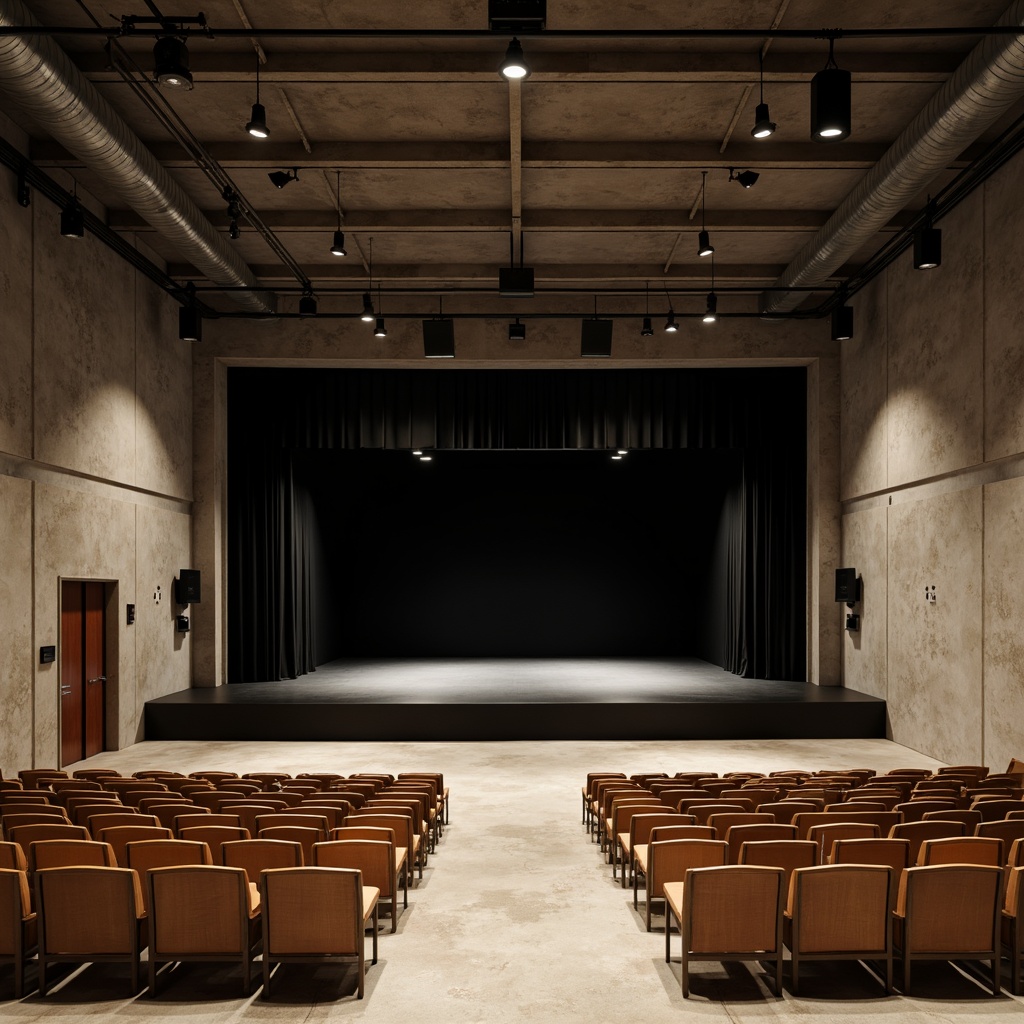 Prompt: Minimalist theater interior, concrete floors, industrial metal beams, exposed ductwork, simple wooden seats, sleek black stage, subtle LED lighting, dramatic spotlights, acoustic panels, sound-absorbing materials, neutral color palette, monochromatic tones, clean lines, minimal ornamentation, functional simplicity, urban loft atmosphere, high ceilings, open space, flexible seating arrangements, movable partitions, versatile performance areas, warm ambient glow, soft shadows, 1/1 composition, realistic textures, subtle reflections.