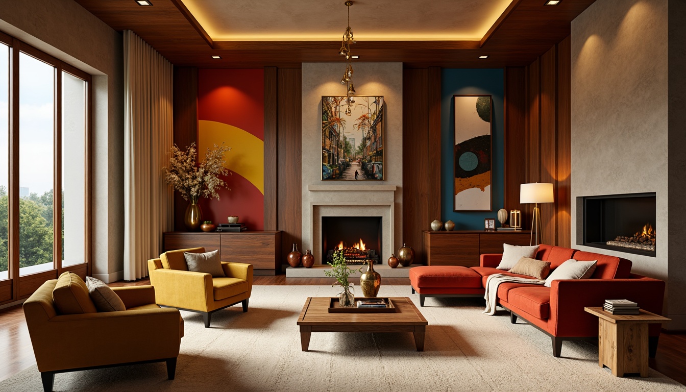 Prompt: Vibrant living room, bold accent walls, rich wood furniture, plush velvet sofas, metallic gold lighting fixtures, soft cream-colored carpets, natural stone fireplaces, earthy terracotta vases, warm beige curtains, eclectic artwork, abstract geometric patterns, moody atmospheric colors, dramatic shadows, 1/2 composition, cinematic lighting, realistic textures, ambient occlusion.