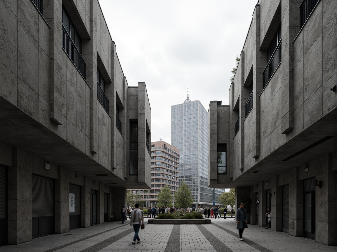 Prompt: Rugged student halls, brutalist architecture, raw concrete fa\u00e7ade, fortress-like structure, angular lines, geometric shapes, industrial materials, metal beams, exposed ductwork, minimalist design, functional simplicity, urban landscape, cityscape background, overcast sky, dramatic shadows, high-contrast lighting, 1/1 composition, symmetrical framing, realistic textures, ambient occlusion.