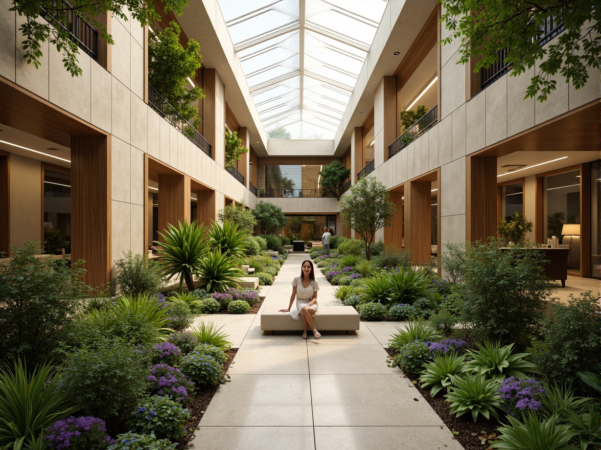 Prompt: Vibrant atrium, lush greenery, natural stone walls, wooden accents, floor-to-ceiling windows, clerestory windows, skylights, open spaces, minimalist decor, warm beige tones, soft diffused lighting, indirect sunlight, ambient shadows, 1/1 composition, shallow depth of field, realistic textures, subtle color palette, serene atmosphere, peaceful ambiance.