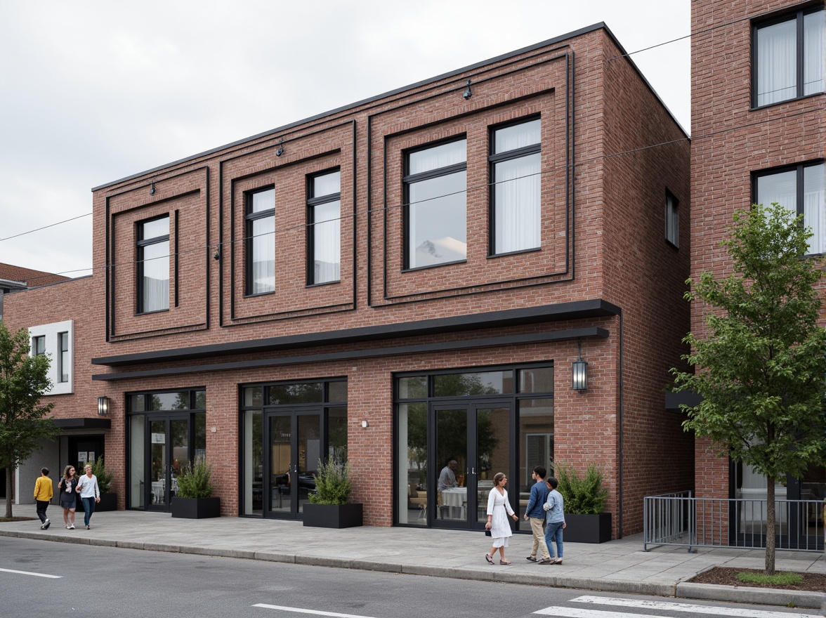 Prompt: Exposed brick walls, industrial metal frames, large glass windows, minimalist signage, modern warehouse architecture, streamlined facade, neutral color palette, urban cityscape, cloudy day, soft natural lighting, shallow depth of field, 2/3 composition, realistic textures, ambient occlusion, functional design elements, steel beams, concrete floors, reclaimed wood accents, industrial chic decor, sleek metal railings, minimalist landscaping.