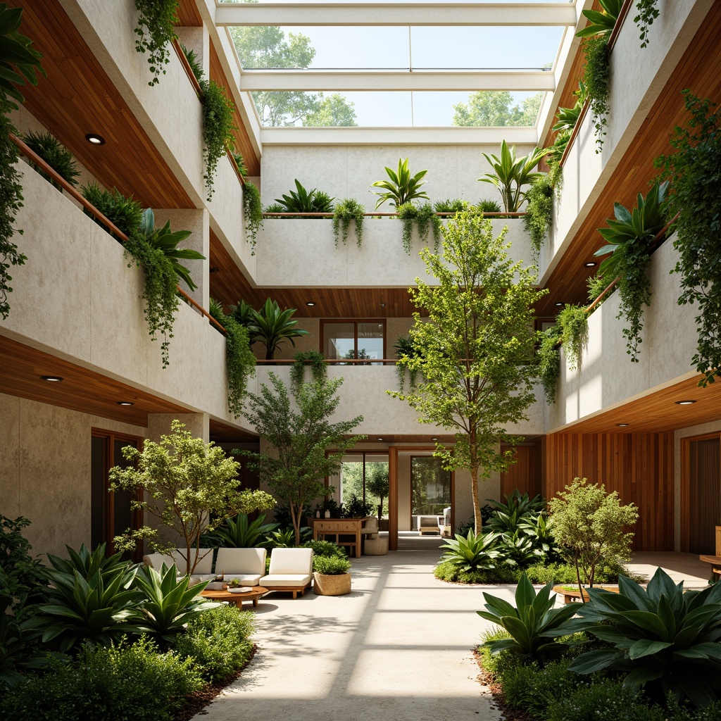 Prompt: Vibrant atrium, lush greenery, natural stone walls, wooden accents, floor-to-ceiling windows, clerestory windows, skylights, open spaces, minimalist decor, warm beige tones, soft diffused lighting, indirect sunlight, ambient shadows, 1/1 composition, shallow depth of field, realistic textures, subtle color palette, serene atmosphere, peaceful ambiance.