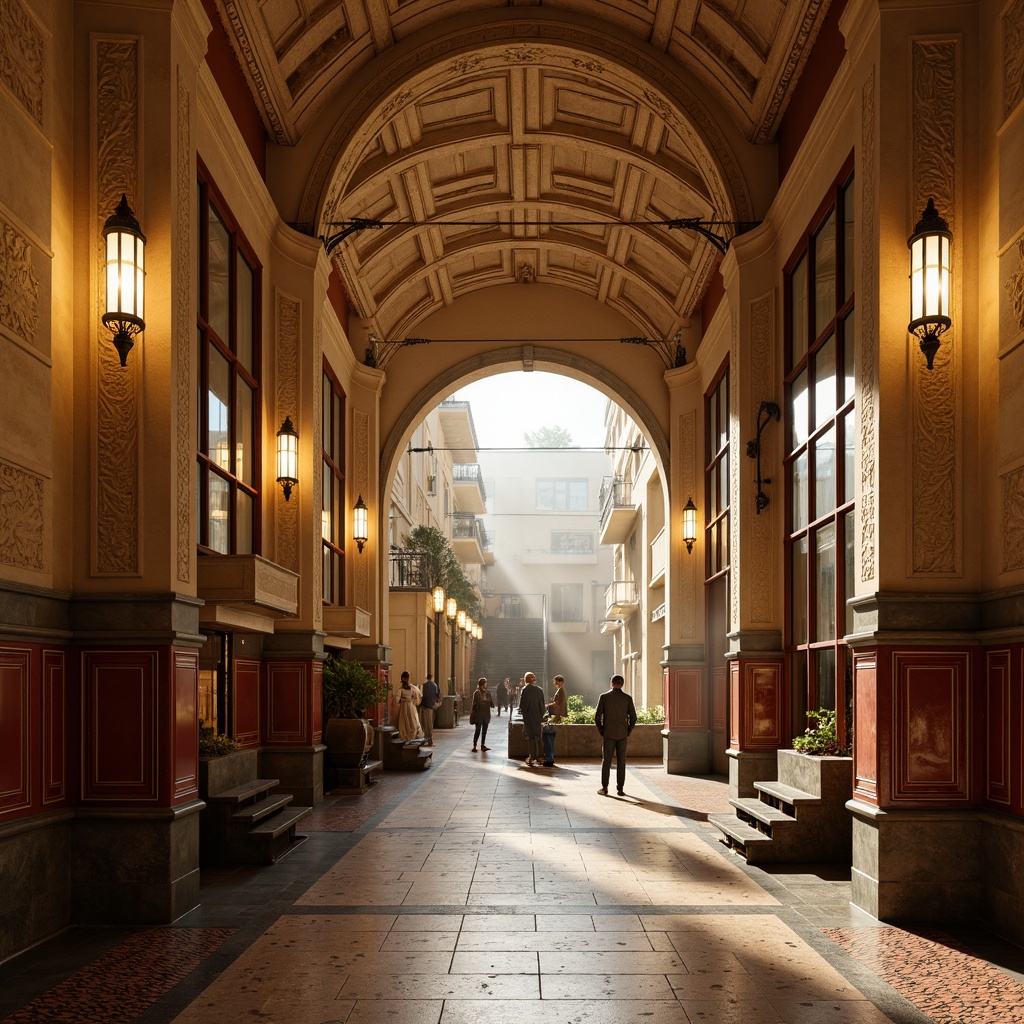 Prompt: Earth-toned metro station, Romanesque arches, ornate stone carvings, warm beige walls, terracotta red accents, rich brown wood tones, vintage metal fixtures, intricate mosaics, grand staircases, high ceilings, soft warm lighting, atmospheric fog effects, shallow depth of field, 1/2 composition, realistic textures, ambient occlusion.