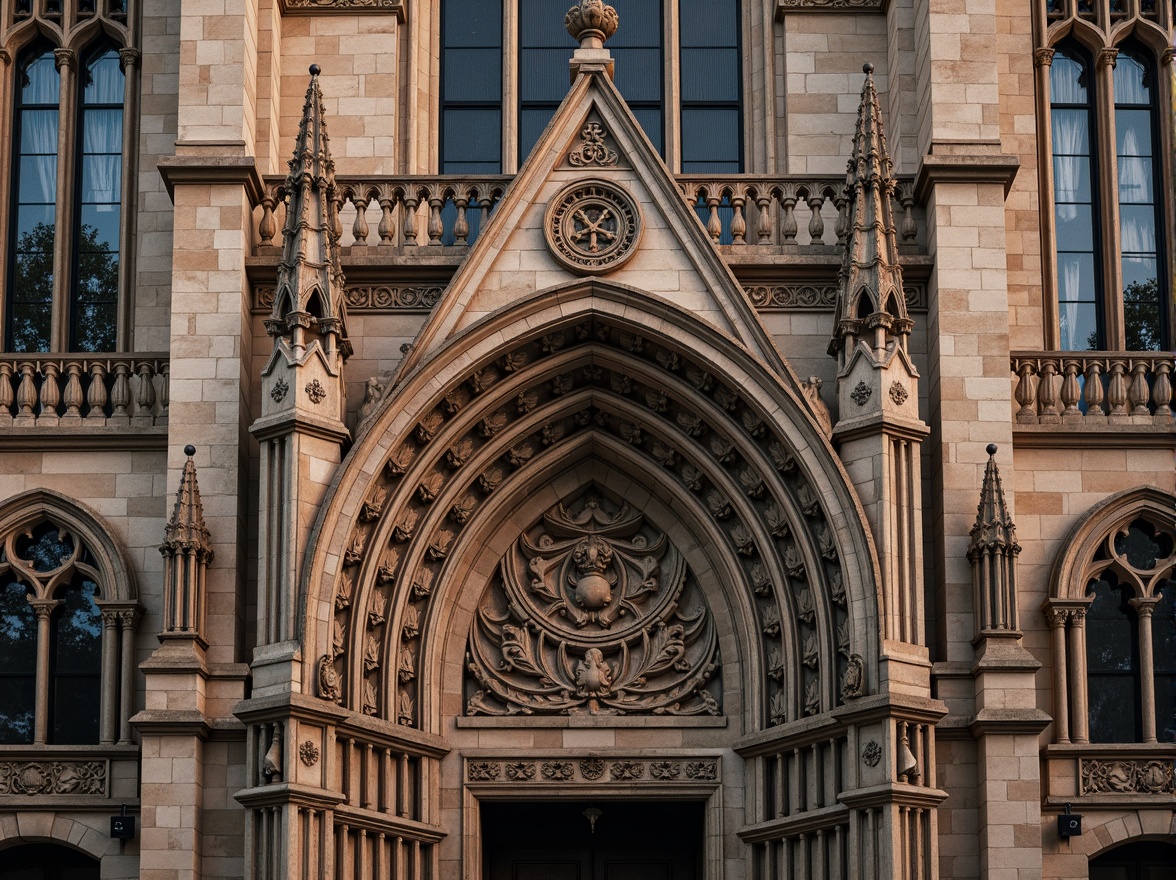 Prompt: Grandiose church facade, ornate stone carvings, symmetrical composition, towering spires, stained glass windows, intricate arches, classical columns, ornamental pediments, rustic brick walls, weathered stone textures, subtle warm lighting, soft focus, 1/2 composition, atmospheric perspective, realistic materials, ambient occlusion.