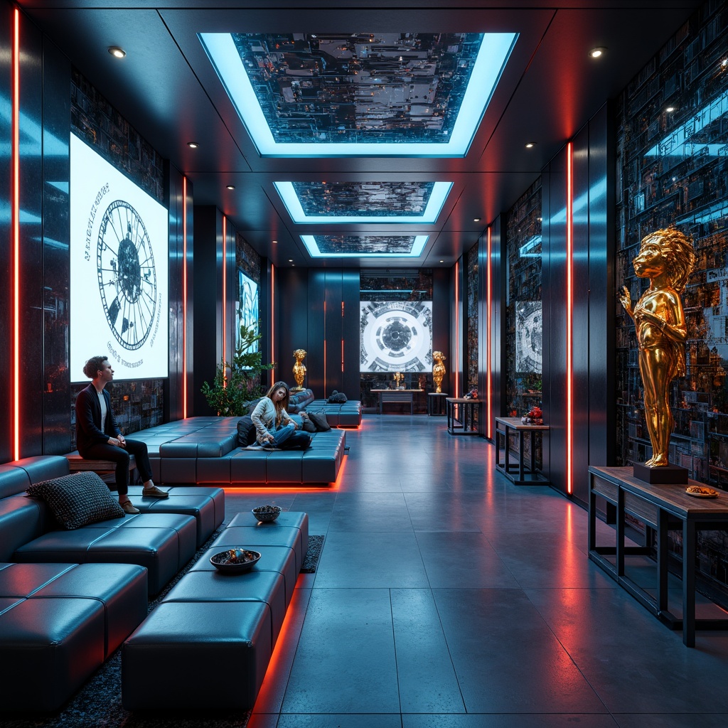 Prompt: Futuristic interior, metallic surfaces, neon-lit accents, iridescent glass panels, holographic displays, sleek carbon fiber furniture, high-gloss finishes, LED lighting strips, translucent acrylic walls, minimalist decor, avant-garde sculptures, futuristic gadgets, virtual reality interfaces, cyberpunk-inspired color schemes, dark ambient lighting, shallow depth of field, 1/1 composition, cinematic camera angles, realistic reflections, advanced material textures.