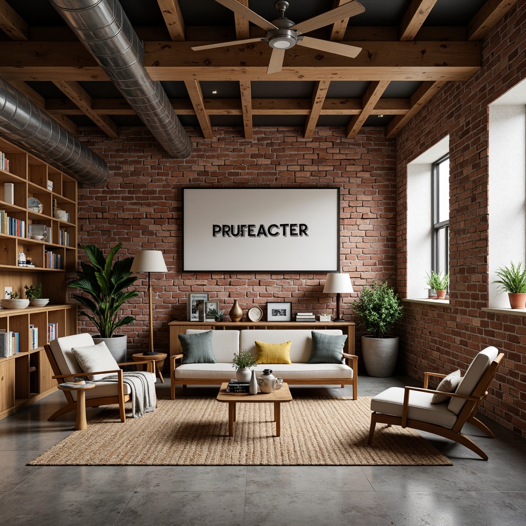 Prompt: Industrial chic interior, exposed brick walls, raw concrete floors, metal beams, reclaimed wood accents, minimalist decor, functional furniture, primary color palette, bold typography, geometric patterns, woven textiles, natural fibers, earthy tones, warm ambient lighting, shallow depth of field, 1/1 composition, realistic materials, subtle weathering effects.