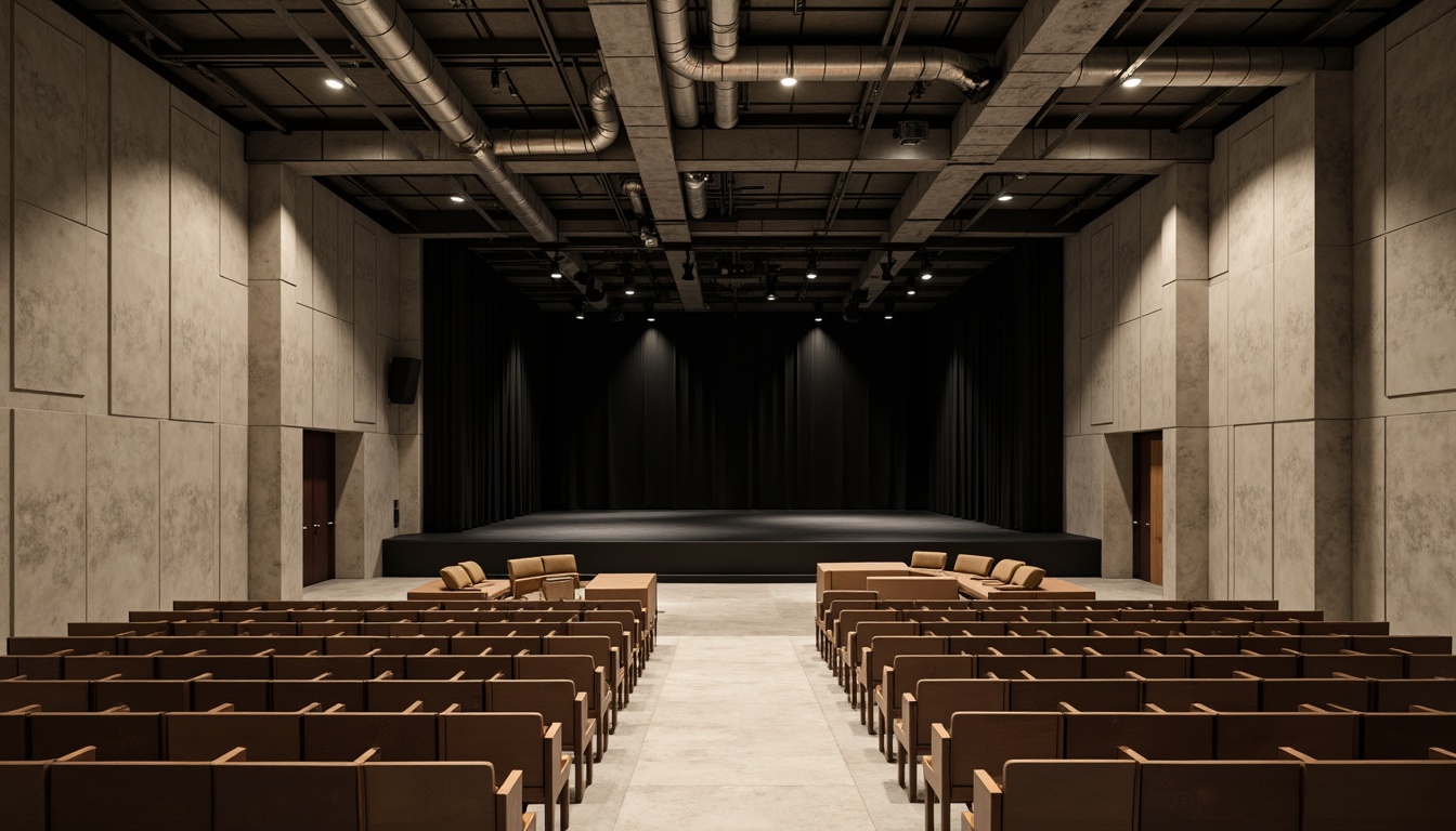 Prompt: Minimalist theater interior, concrete floors, industrial metal beams, exposed ductwork, simple wooden seats, sleek black stage, subtle LED lighting, dramatic spotlights, acoustic panels, sound-absorbing materials, neutral color palette, monochromatic tones, clean lines, minimal ornamentation, functional simplicity, urban loft atmosphere, high ceilings, open space, flexible seating arrangements, movable partitions, versatile performance areas, warm ambient glow, soft shadows, 1/1 composition, realistic textures, subtle reflections.