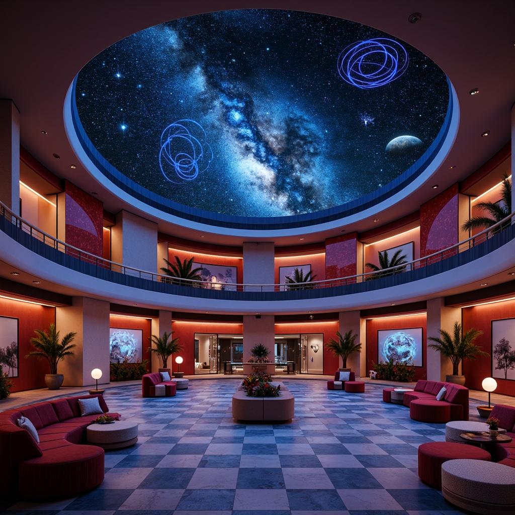 Prompt: Cosmic planetarium, futuristic dome structure, geometric shapes, Bauhaus-inspired design, bold color blocking, abstract patterns, circular orbits, starry night sky, neon-lit constellations, minimalist furniture, sleek metal accents, glass partitions, ambient lighting, 3/4 composition, low-angle shot, cinematic atmosphere, realistic textures, subtle animations.