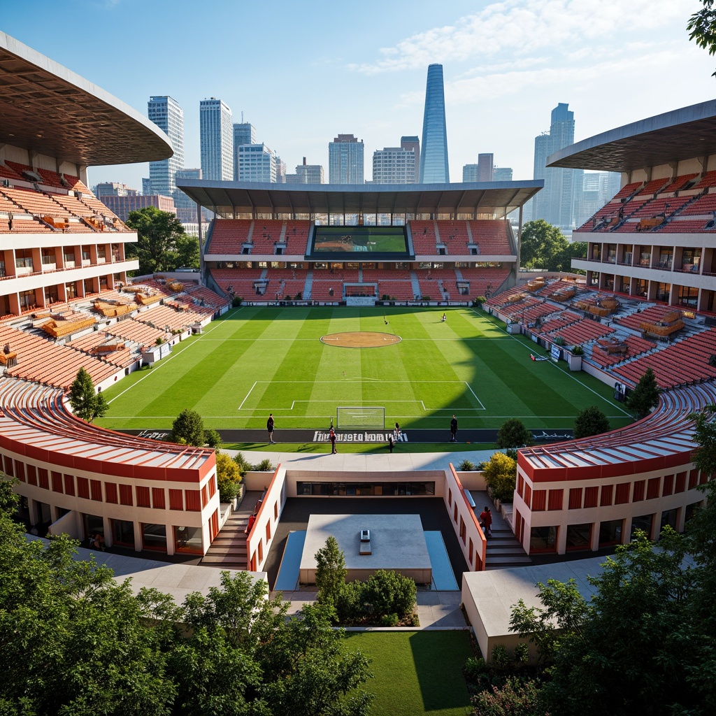 Prompt: Vibrant football stadium, social housing complex, modern architecture, curved lines, dynamic shapes, bold color schemes, metallic materials, sleek glass facades, cantilevered roofs, open-air balconies, communal outdoor spaces, recreational facilities, sports equipment, goalposts, stadium seating, urban landscape, city skyline, sunny day, dramatic lighting, high-contrast shadows, 1/2 composition, wide-angle lens, realistic textures, ambient occlusion.