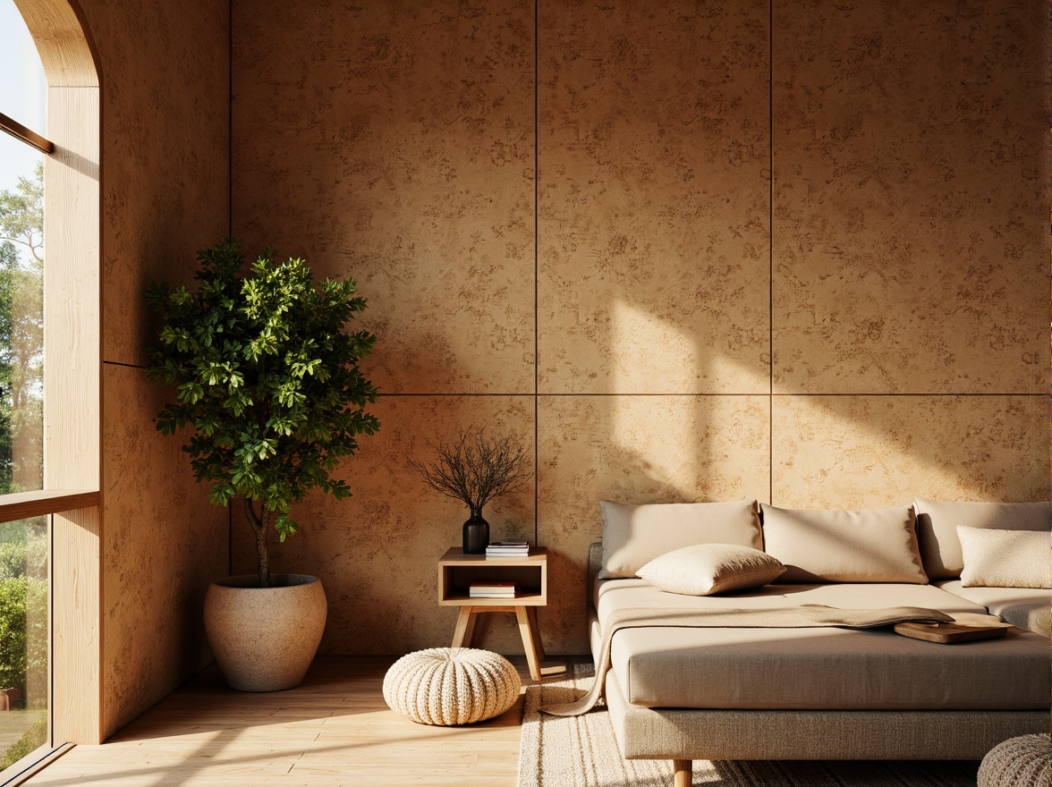 Prompt: Natural cork walls, earthy tones, organic textures, sustainable materials, eco-friendly design, warm ambient lighting, soft shadows, 3/4 composition, shallow depth of field, realistic renderings, subtle grain patterns, natural imperfections, rustic charm, cozy atmosphere, intimate spaces, minimalist decor, earthy color palette, nature-inspired accents.