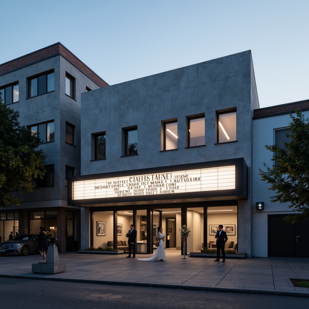 Prompt: Simple theater facade, minimalist architecture, clean lines, monochromatic color scheme, rectangular shapes, flat roofs, large glass windows, sliding doors, industrial materials, exposed concrete walls, subtle lighting, dramatic shadows, urban cityscape, evening atmosphere, soft box lights, 1/1 composition, realistic textures, ambient occlusion.