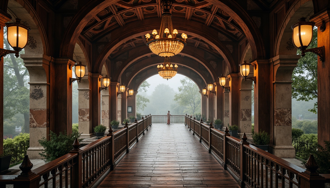 Prompt: Ornate Baroque bridge, rustic stone arches, intricately carved balustrades, polished bronze railings, ornamental lanterns, weathered copper roofing, distressed wooden decking, rich velvet draping, gilded accents, lavish crystal chandeliers, soft warm lighting, misty atmospheric effects, shallow depth of field, 1/2 composition, cinematic view, realistic textures, ambient occlusion.