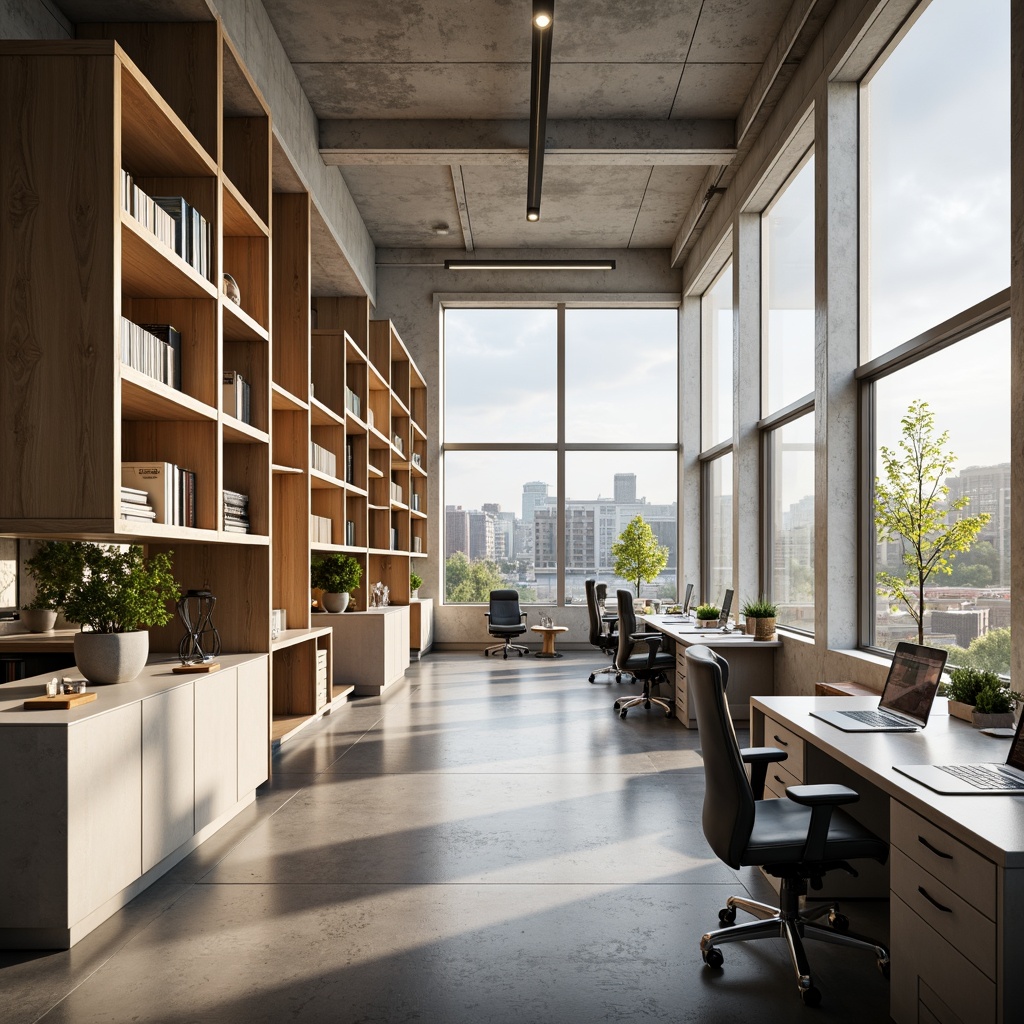 Prompt: Modern minimalist office space, sleek metal desks, ergonomic chairs, ample natural light, floor-to-ceiling windows, open shelving units, organized storage systems, collaborative workstations, acoustic panels, sound-absorbing materials, calming color scheme, soft warm lighting, 1/1 composition, shallow depth of field, realistic textures, ambient occlusion.