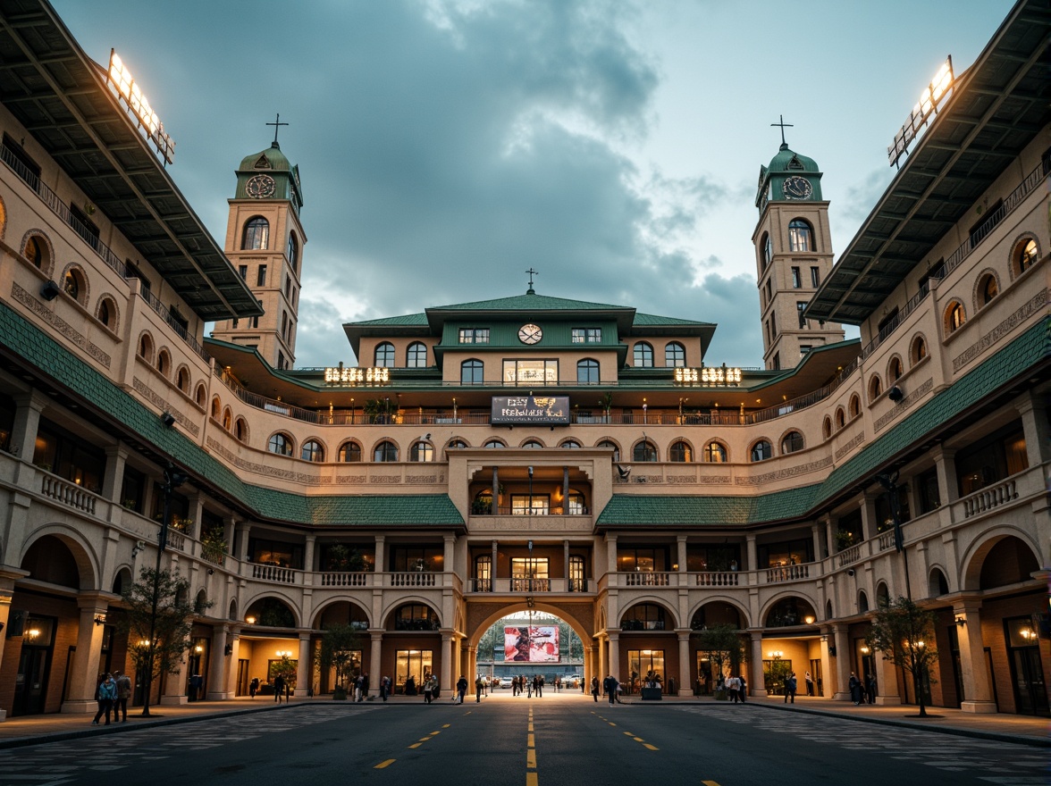 Prompt: Majestic football stadium, Romanesque style facades, ornate stone carvings, grand archways, rusticated columns, vibrant green roofs, intricate brick patterns, imposing clock towers, dramatic floodlighting, atmospheric mist effects, shallow depth of field, 1/2 composition, symmetrical architecture, warm golden lighting, realistic textures, ambient occlusion.