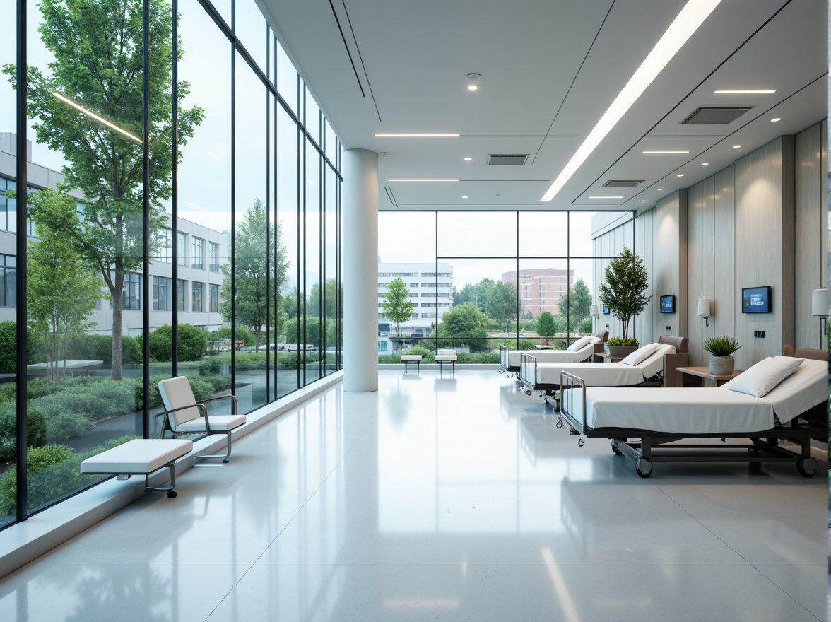 Prompt: Modern hospital architecture, sleek glass curtain walls, natural light influx, minimalist interior design, sterile white floors, stainless steel medical equipment, comfortable patient rooms, private recovery areas, calming greenery views, urban cityscape backdrop, overcast day, soft diffused lighting, shallow depth of field, 1/1 composition, realistic reflections, ambient occlusion.