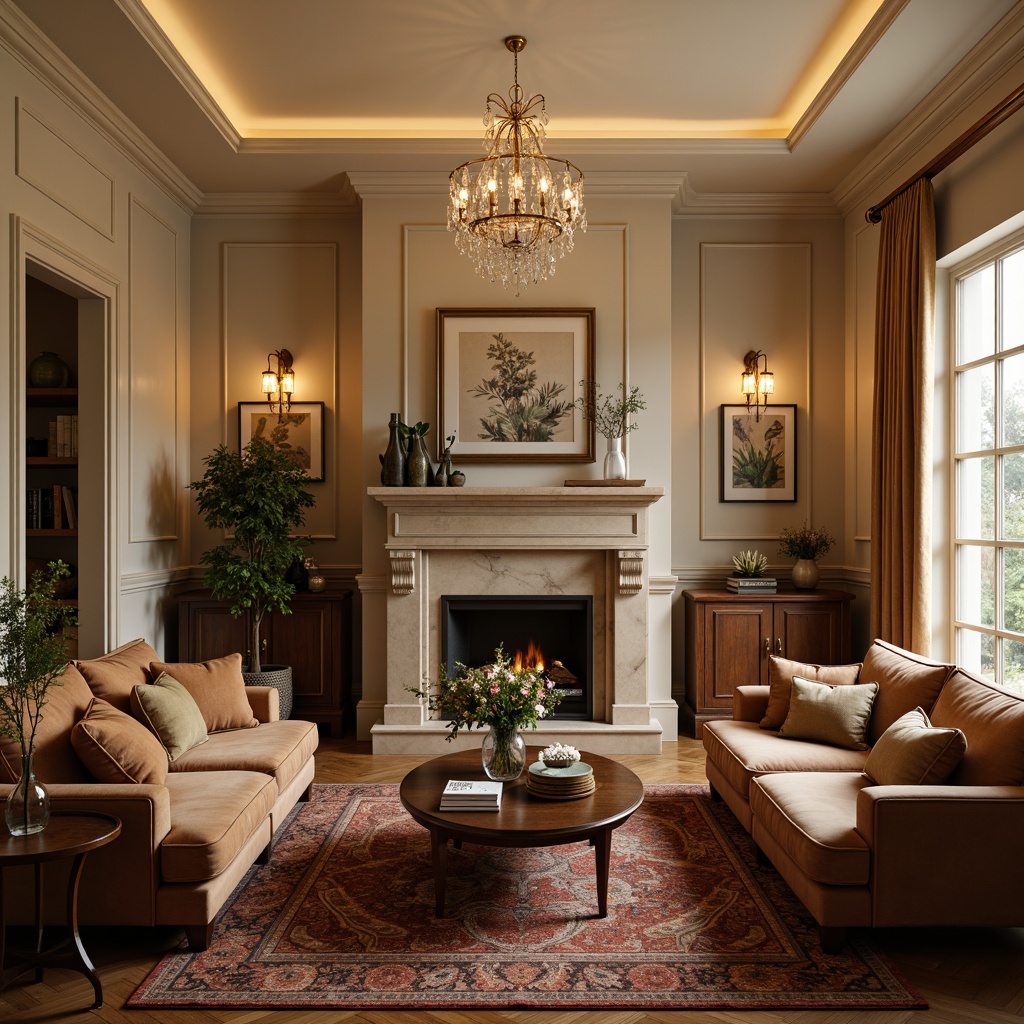 Prompt: Cozy living room, warm beige walls, rich walnut wood furniture, plush velvet sofas, soft golden lighting, natural stone fireplace, earthy terracotta accents, calming botanical prints, creamy white trim, elegant crystal chandeliers, inviting atmosphere, 1/1 composition, shallow depth of field, realistic textures, ambient occlusion.