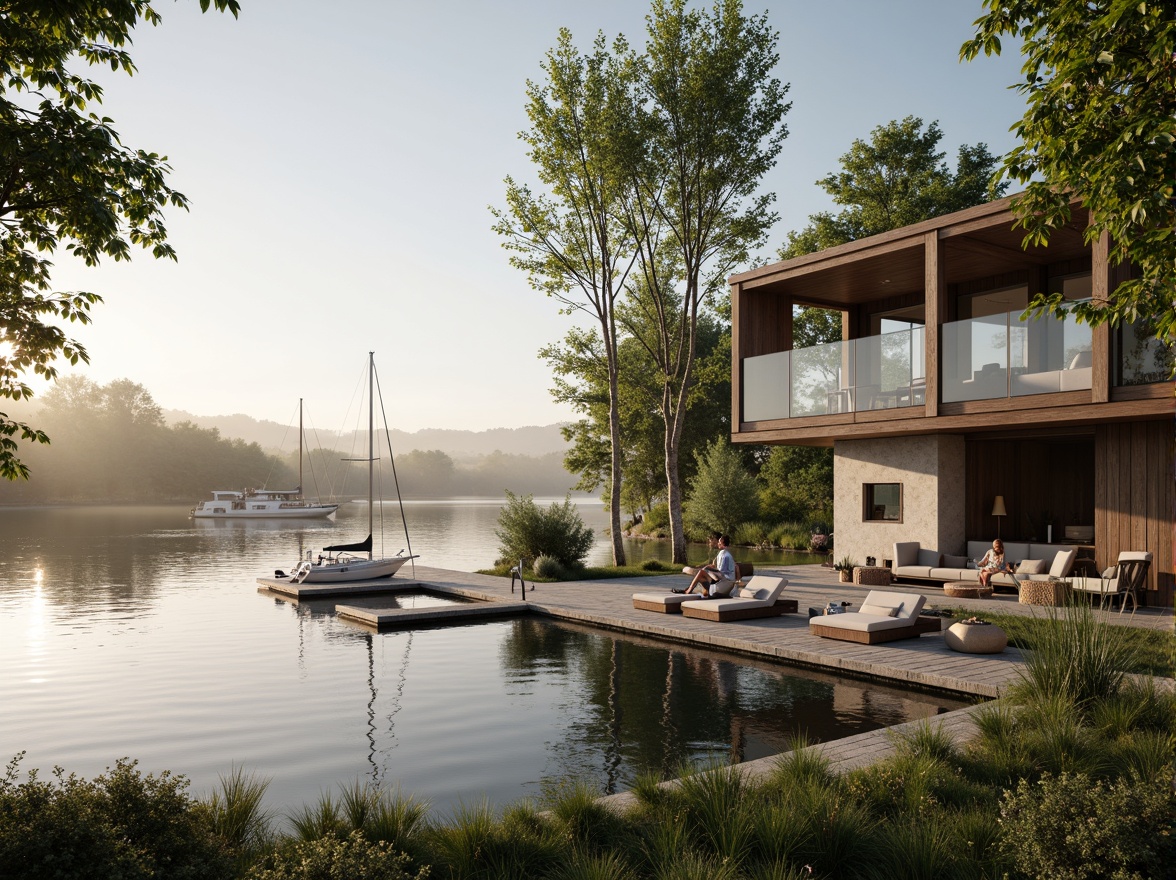 Prompt: Lakefront villa, serene water views, lush greenery, wooden docks, sailboats, calm lake surface, misty morning, warm sunlight, soft natural lighting, shallow depth of field, 1/2 composition, panoramic view, realistic reflections, ambient occlusion, modern minimalist design, large windows, sliding glass doors, natural stone walls, wooden accents, cozy interior spaces, comfortable outdoor seating areas.