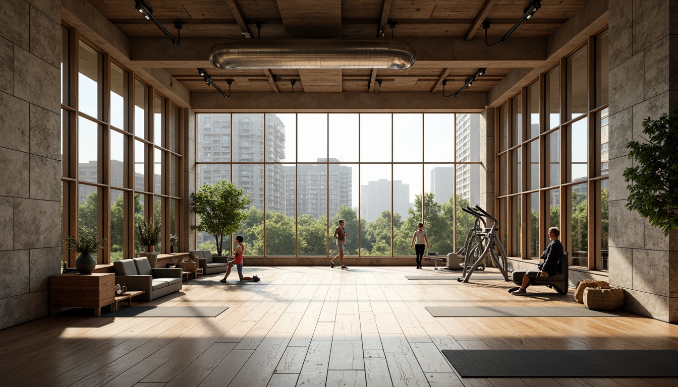 Prompt: Modern fitness studio, large windows, natural stone walls, wooden floors, mirrored surfaces, professional gym equipment, free weights, cardio machines, yoga mats, calm atmosphere, soft warm lighting, shallow depth of field, 3/4 composition, panoramic view, realistic textures, ambient occlusion, urban cityscape, morning sunlight, greenery views, minimalist decor, industrial chic style, exposed ductwork, polished concrete floors.