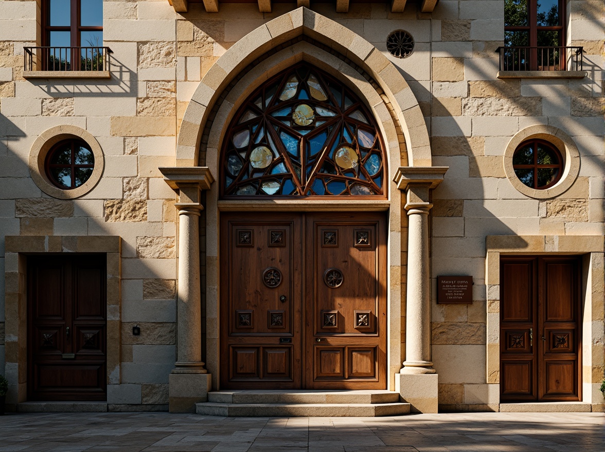 Prompt: Rustic monastery facade, distressed stone walls, ornate wooden doors, stained glass windows, intricate carvings, gothic arches, postmodernist twists, asymmetrical compositions, bold color contrasts, abstract murals, eclectic ornamentation, weathered copper accents, worn brick textures, mystical ambiance, soft warm lighting, shallow depth of field, 1/1 composition, realistic renderings, ambient occlusion.