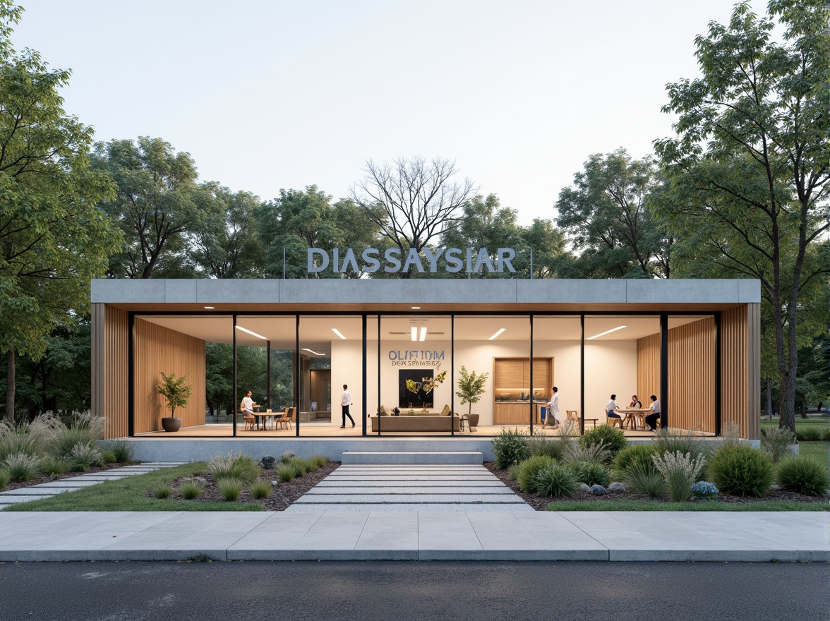 Prompt: Simple visitor center, minimalist facade, clean lines, monochromatic color scheme, natural stone walls, large glass windows, sliding doors, open floor plan, minimal ornamentation, functional design, subtle branding, wooden accents, neutral tones, abundant natural light, soft shadows, shallow depth of field, 1/1 composition, realistic textures, ambient occlusion, serene surroundings, lush greenery, walking trails, scenic views.