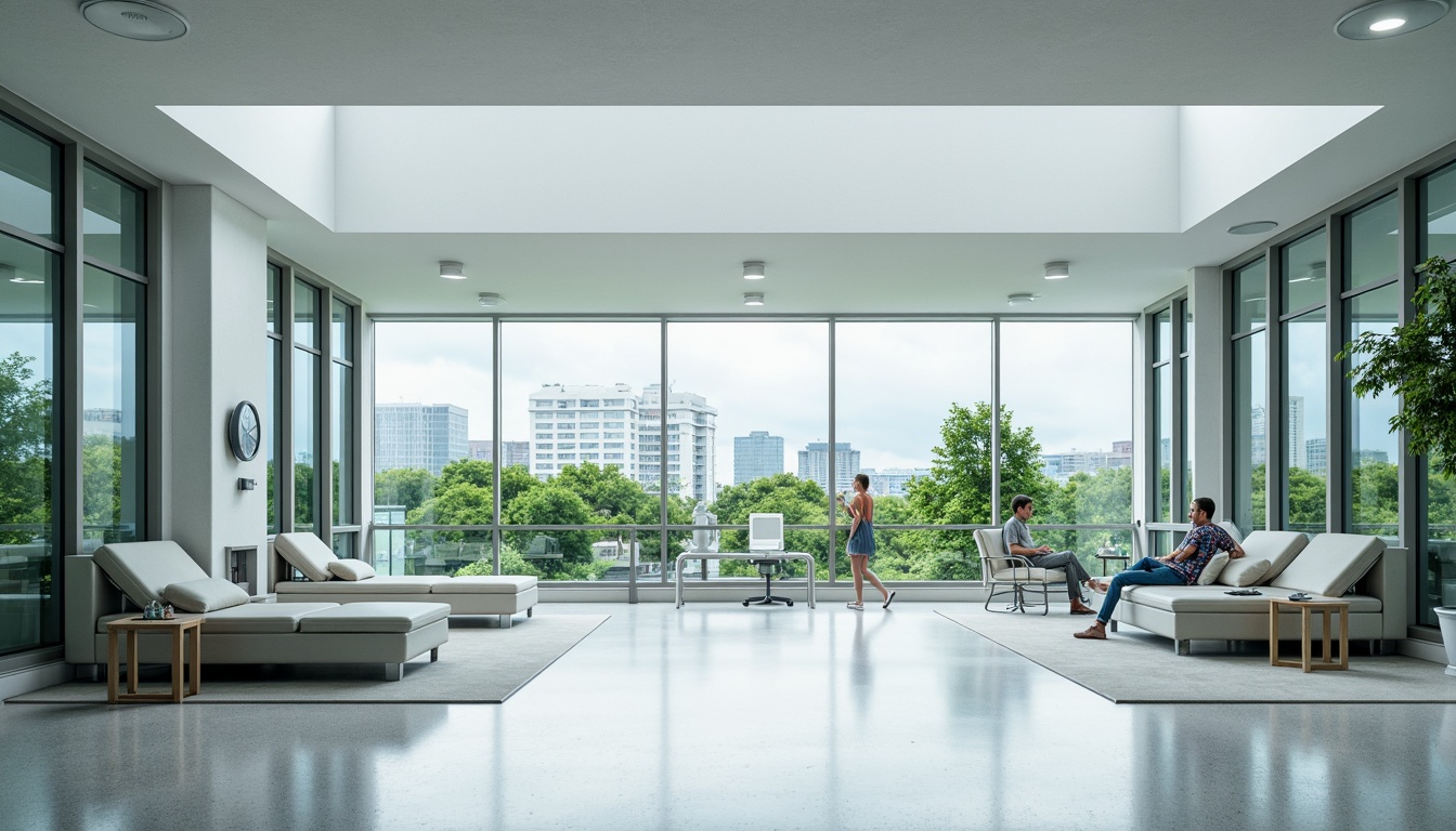 Prompt: Modern hospital architecture, sleek glass curtain walls, natural light influx, minimalist interior design, sterile white floors, stainless steel medical equipment, comfortable patient rooms, private recovery areas, calming greenery views, urban cityscape backdrop, overcast day, soft diffused lighting, shallow depth of field, 1/1 composition, realistic reflections, ambient occlusion.