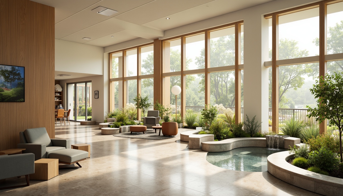 Prompt: Serene hospital interior, abundant natural light, floor-to-ceiling windows, greenery views, calming atmosphere, warm wood accents, soft pastel colors, gentle curves, minimalist decor, comfortable seating areas, quiet reading nooks, soothing water features, peaceful artwork, natural stone flooring, warm beige walls, modern medical equipment, sleek metal fixtures, subtle ambient lighting, shallow depth of field, 1/1 composition, realistic textures, ambient occlusion.