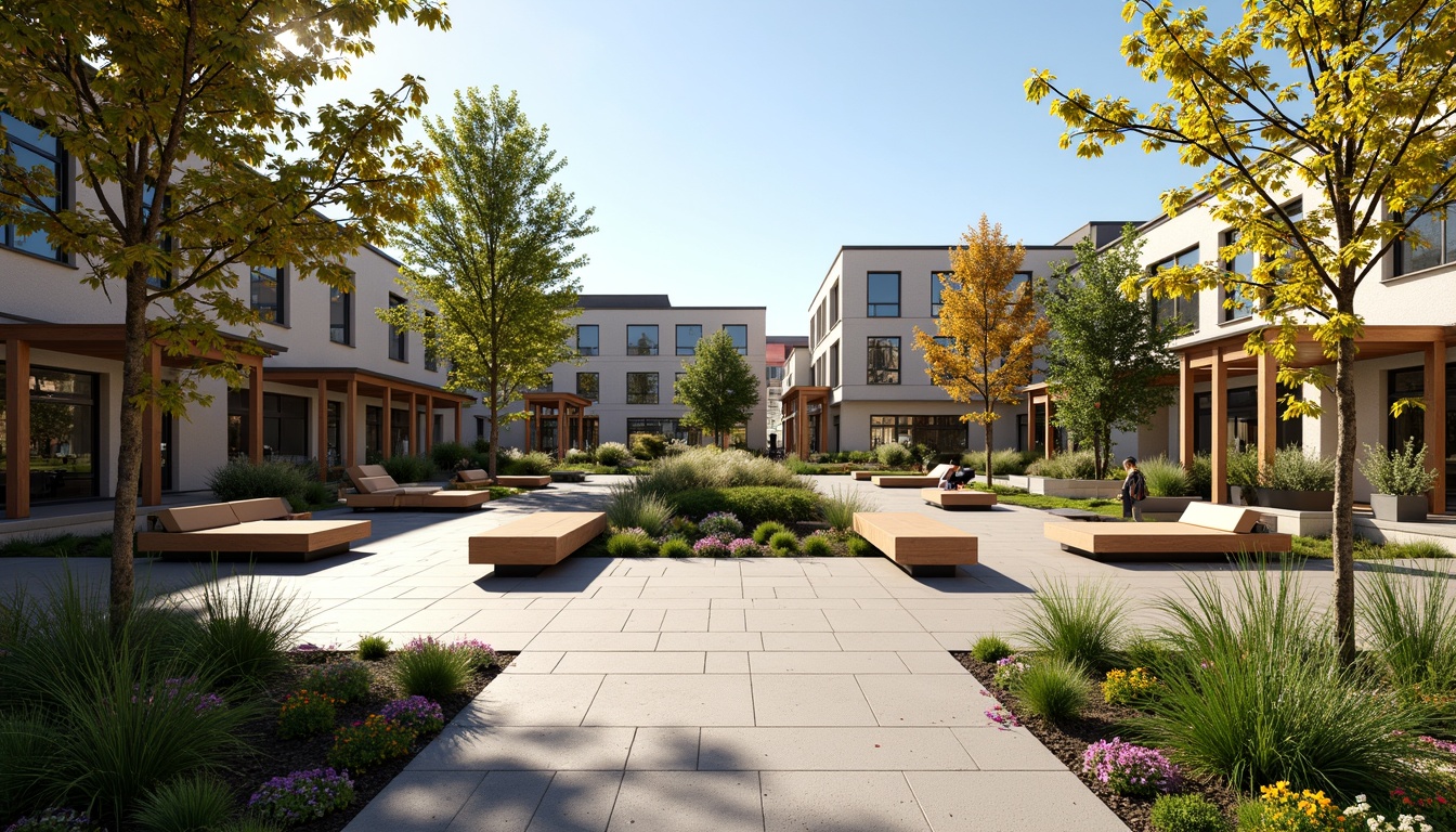 Prompt: Vibrant community center courtyard, lush greenery, blooming flowers, comfortable outdoor seating, wooden benches, shade structures, pergolas, walking paths, natural stone pavers, modern architecture, large windows, glass doors, sunny day, soft warm lighting, shallow depth of field, 3/4 composition, panoramic view, realistic textures, ambient occlusion, community gardens, public art installations, interactive water features, children's play areas, outdoor fitness zones, basketball courts, picnic tables, BBQ stations.