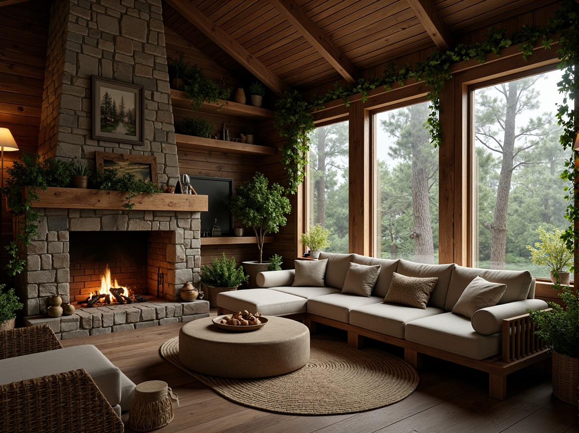 Prompt: Rustic wooden cabin, natural stone walls, earthy tones, reclaimed wood accents, woven wicker furniture, plush greenery, vines crawling up walls, warm candlelight, cozy fireplace, crackling sounds, organic textures, earthy aromas, serene forest surroundings, misty morning atmosphere, soft diffused lighting, 1/1 composition, intimate close-up shots, realistic material rendering.