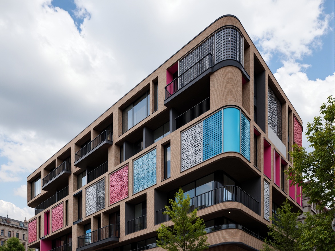 Prompt: Geometric Bauhaus building, asymmetrical facade, industrial materials, exposed brick walls, steel beams, cantilevered roofs, rectangular windows, minimalist ornamentation, bold color blocking, abstract patterns, innovative cladding systems, perforated metal screens, parametric design, algorithmic textures, futuristic aesthetic, urban cityscape, cloudy sky, dramatic lighting, high contrast, 1/1 composition, realistic renderings.