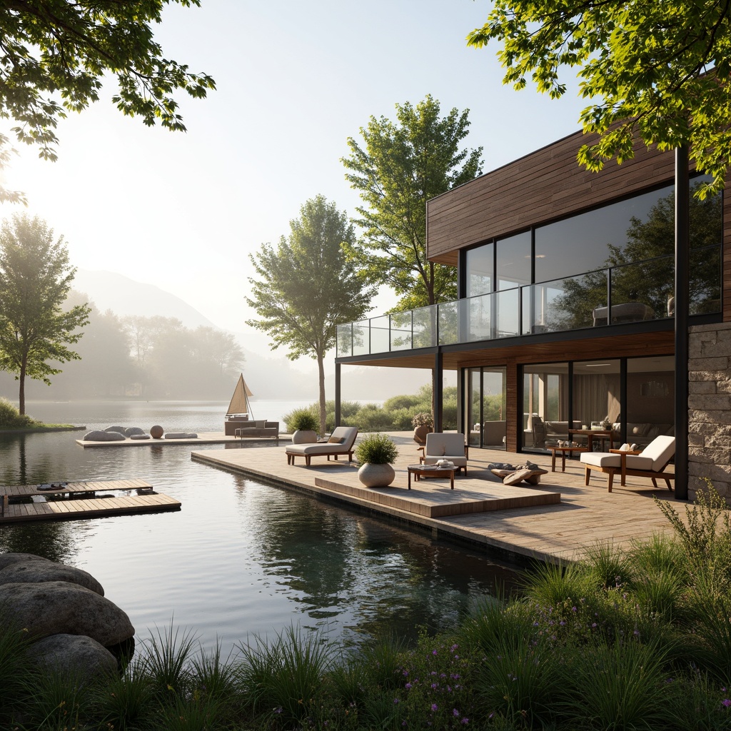 Prompt: Lakefront villa, serene water views, lush greenery, wooden docks, sailboats, calm lake surface, misty morning, warm sunlight, soft natural lighting, shallow depth of field, 1/2 composition, panoramic view, realistic reflections, ambient occlusion, modern minimalist design, large windows, sliding glass doors, natural stone walls, wooden accents, cozy interior spaces, comfortable outdoor seating areas.