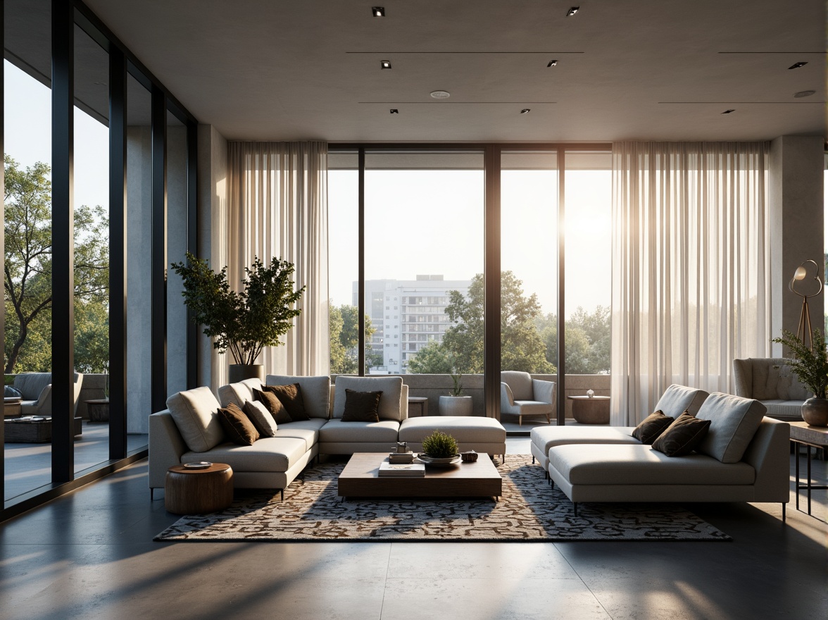 Prompt: Modern living room, minimalist decor, sleek lines, monochromatic color scheme, floor-to-ceiling windows, natural light pouring in, comfortable seating area, plush sofas, geometric-patterned rugs, industrial-chic coffee table, greenery accents, ambient lighting, soft warm glow, shallow depth of field, 3/4 composition, panoramic view, realistic textures, ambient occlusion.