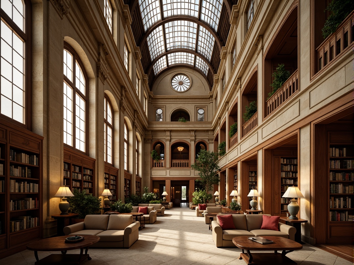 Prompt: Grandiose library, Renaissance Revival style, ornate stone fa\u00e7ade, arched windows, stained glass ceilings, high vaulted roofs, natural light pouring in, warm beige walls, rich wood accents, elegant reading rooms, comfortable seating areas, floor lamps, table lamps, soft warm lighting, shallow depth of field, 3/4 composition, panoramic view, realistic textures, ambient occlusion.