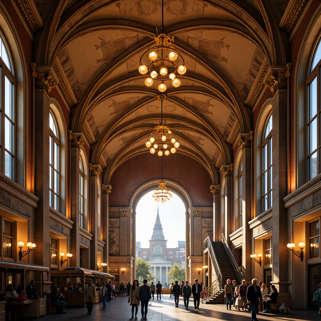 Prompt: Grand archways, ornate columns, vaulted ceilings, intricate stone carvings, warm golden lighting, bustling metro station, Romanesque style architecture, historic ambiance, detailed moldings, rustic brick walls, grand staircases, elegant chandeliers, vibrant urban atmosphere, morning rush hour, shallow depth of field, 1/2 composition, realistic textures, ambient occlusion.