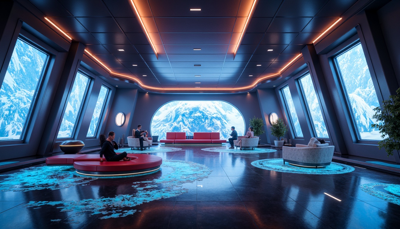 Prompt: Futuristic interior, neon-lit ambiance, holographic projections, sleek metallic surfaces, minimalist decor, levitating furniture, transparent glass floors, curved lines, geometric patterns, ambient lighting, soft glow, 3/4 composition, shallow depth of field, panoramic view, realistic textures, ambient occlusion, virtual reality interfaces, augmented reality displays, cyberpunk-inspired color schemes, iridescent materials, holographic windows, zero-gravity environments.