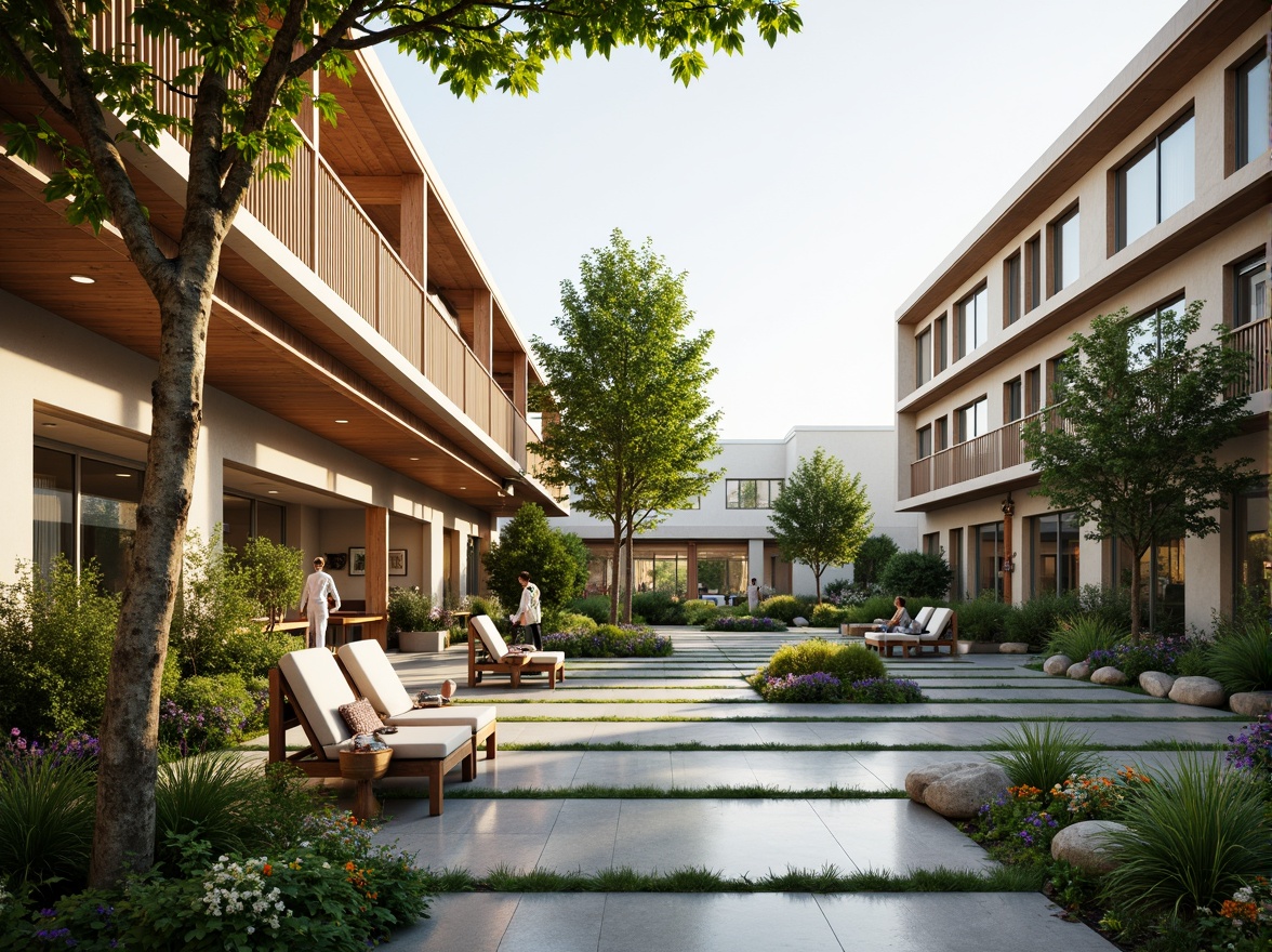 Prompt: Spacious residential courtyard, lush greenery, vibrant flowers, natural stone pathways, wooden benches, modern minimalist architecture, large windows, sliding glass doors, open-plan living areas, high ceilings, airy atmosphere, soft warm lighting, shallow depth of field, 3/4 composition, panoramic view, realistic textures, ambient occlusion, cozy reading nooks, comfortable outdoor furniture, built-in planters, vertical gardens, natural ventilation systems, eco-friendly materials, sustainable design elements.