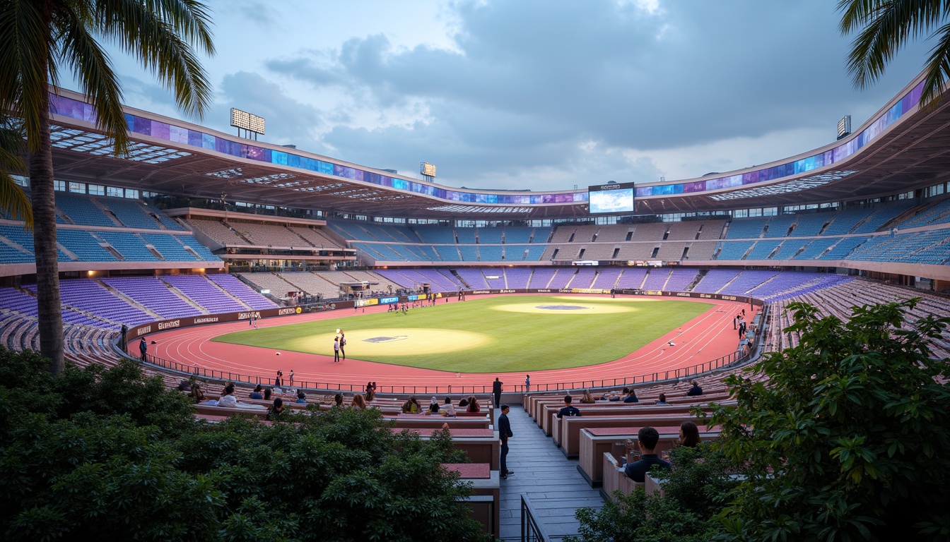 Prompt: Futuristic sports complex, undulating terrain, neon-lit athletic tracks, sleek metallic bleachers, holographic scoreboards, iridescent stadium roofs, glowing accents, vibrant LED lighting, misty atmospheric effects, shallow depth of field, 3/4 composition, panoramic view, realistic textures, ambient occlusion, lush greenery, tropical plants, palm trees, sunny day, warm soft focus, dynamic camera movements.