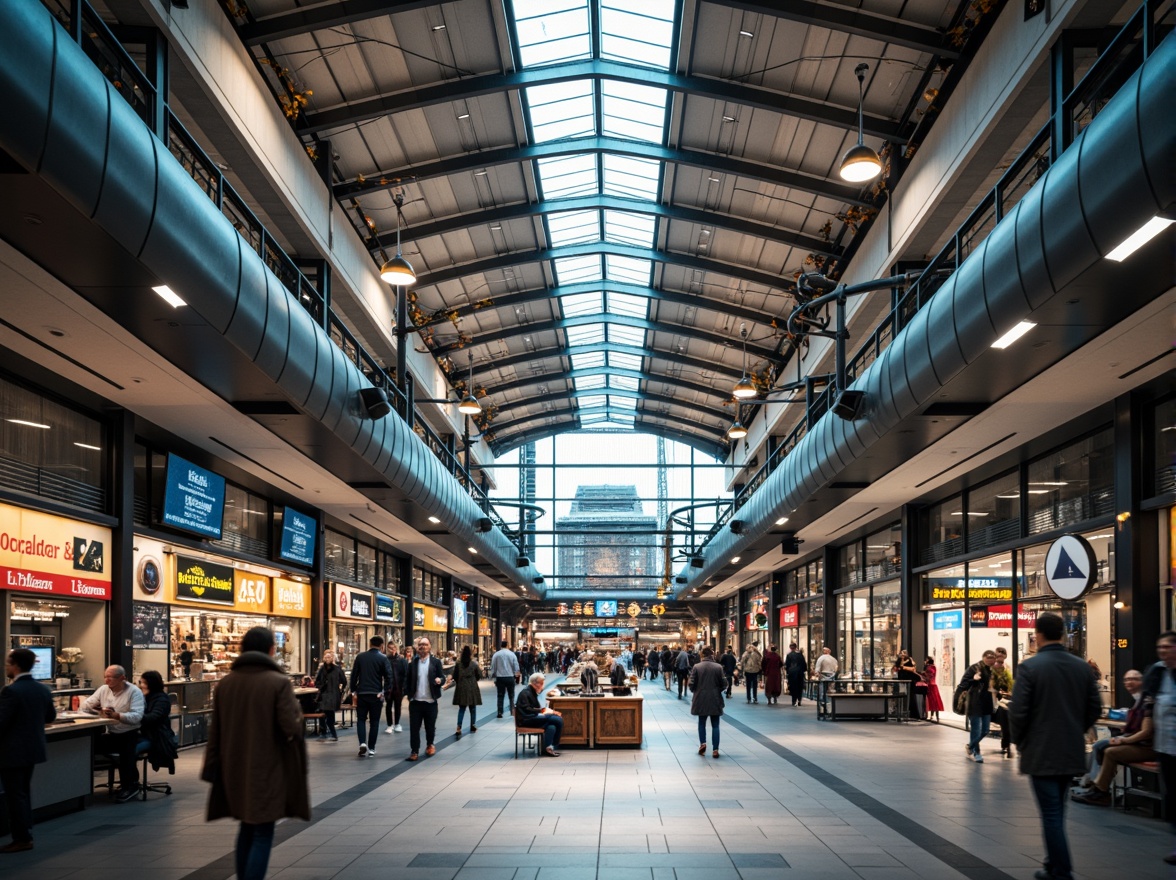 Prompt: Busy train station, modern architecture, sleek metal beams, large glass roofs, natural stone floors, vibrant signage, electronic displays, ticketing machines, waiting areas, comfortable seating, luggage racks, commercial shops, food courts, pedestrian walkways, elevated platforms, staircases, escalators, clear wayfinding signs, efficient crowd control, morning rush hour, soft warm lighting, shallow depth of field, 3/4 composition, panoramic view, realistic textures, ambient occlusion.