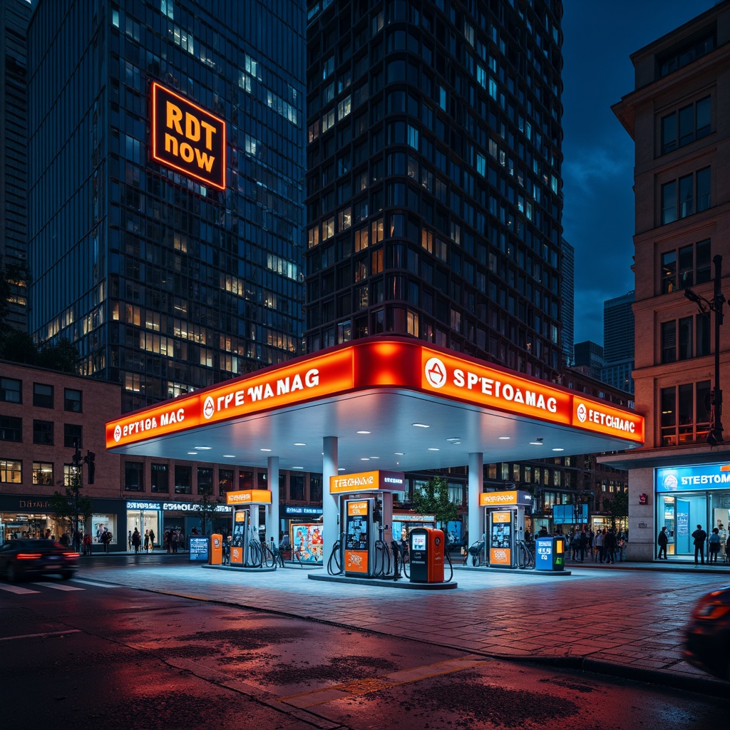 Prompt: Vibrant gas station, neon lights, bold signage, metallic fuel pumps, sleek modern architecture, reflective glass surfaces, angular lines, industrial materials, urban cityscape, busy streets, night scene, dramatic lighting, shallow depth of field, 1/1 composition, realistic textures, ambient occlusion, bright color scheme, electric blue accents, fiery orange hues, deep black tones, metallic silver highlights.