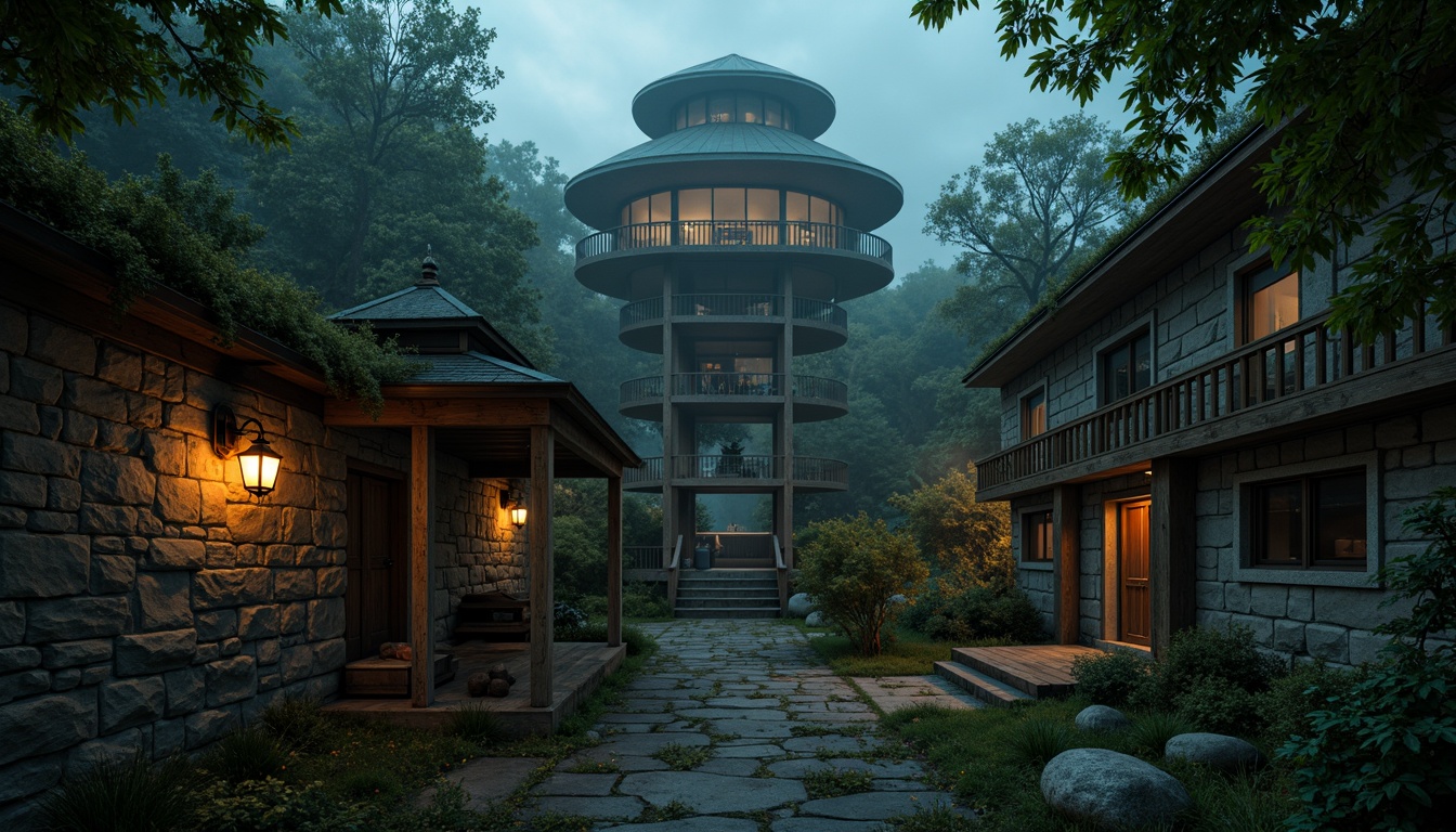 Prompt: Mysterious watchtower, ancient stone walls, worn wooden doors, mystical lanterns, foggy misty atmosphere, eerie twilight, warm golden lighting, soft mysterious shadows, intricate stonework patterns, rugged natural textures, weathered wooden accents, moss-covered roofs, overgrown vegetation, abandoned forgotten feel, cinematic dramatic mood, low-key mysterious color tone, 1/2 composition, atmospheric perspective, subtle depth of field.