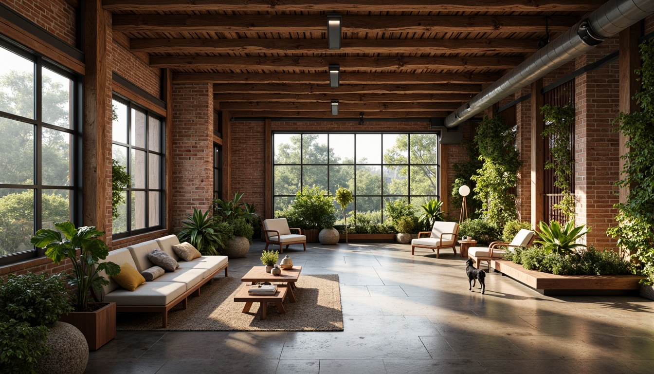 Prompt: Exposed brick walls, reclaimed wood accents, industrial metal beams, organic curved lines, earthy color palette, natural stone flooring, lush greenery, living walls, modern minimalist decor, cozy reading nooks, floor-to-ceiling windows, soft warm lighting, shallow depth of field, 3/4 composition, panoramic view, realistic textures, ambient occlusion.