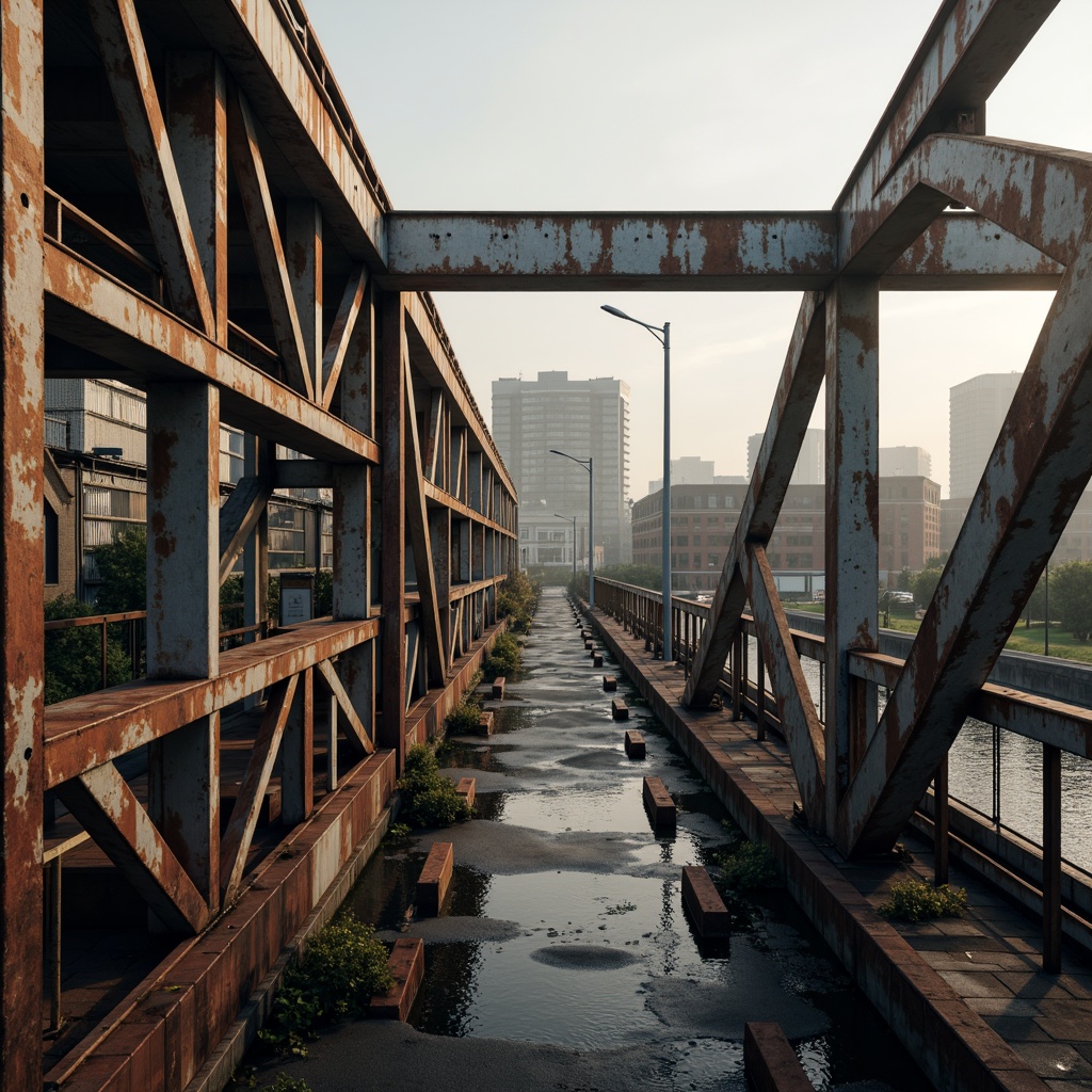 Prompt: Rust-resistant galvanized steel bridges, industrial architecture, metallic latticework, robust structural elements, weathered steel surfaces, urban cityscape, misty morning atmosphere, soft warm lighting, shallow depth of field, 1/2 composition, realistic textures, ambient occlusion.