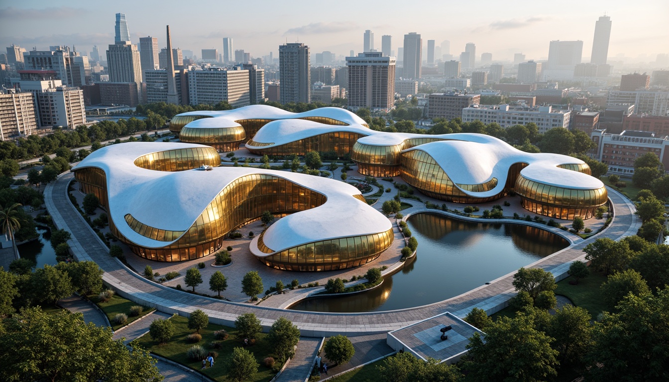 Prompt: Organic blob-shaped buildings, iridescent colors, translucent membranes, bioluminescent accents, undulating curves, natural ventilation systems, recycled metal frameworks, low-carbon concrete, FSC-certified wood, living walls, green roofs, solar panels, wind turbines, rainwater harvesting systems, grey water reuse, composting toilets, minimal waste generation, circular economy principles, futuristic ambiance, soft diffused lighting, shallow depth of field, 3/4 composition, panoramic view, realistic textures, ambient occlusion.