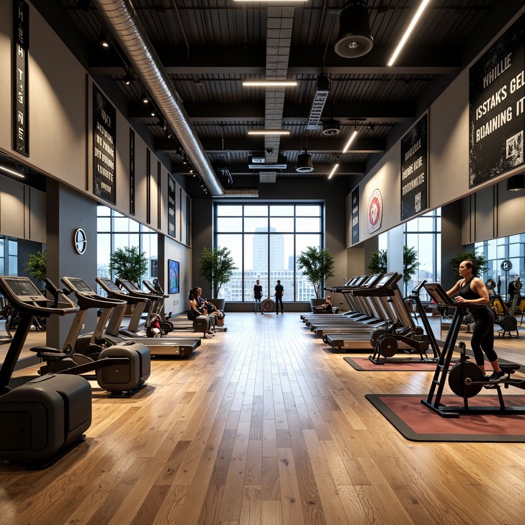 Prompt: Modern fitness studio, sleek wooden floors, mirrored walls, high ceilings, industrial lighting, motivational quotes, state-of-the-art equipment, free weights, treadmills, exercise bikes, yoga mats, resistance bands, sound systems, energetic color scheme, functional layout, open spaces, private training areas, floor-to-ceiling windows, natural light, urban views, 1/1 composition, shallow depth of field, realistic textures, ambient occlusion.