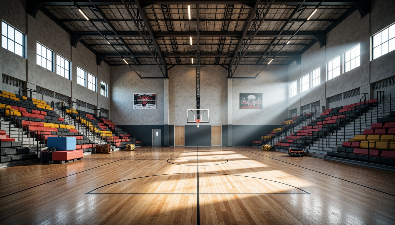 Prompt: Modern gymnasium interior, textured concrete walls, wooden flooring, metallic equipment, athletic tracks, basketball hoops, sports nets, spectator seating, natural light pouring in, large windows, industrial-style lighting, shallow depth of field, 1/1 composition, realistic textures, ambient occlusion, vibrant color accents, dynamic shadows, high-contrast lighting, dramatic atmosphere.