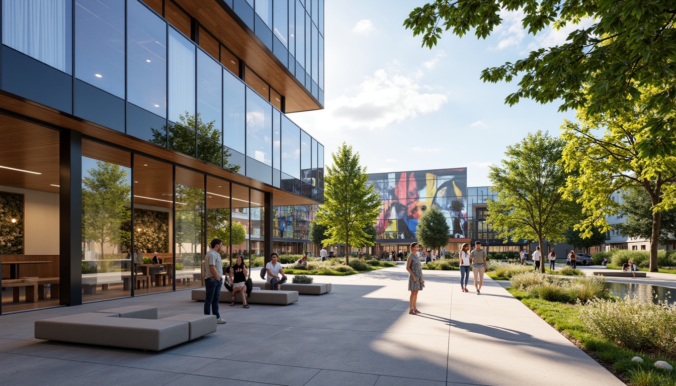 Prompt: Contemporary community center, reflective glass fa\u00e7ade, minimalist interior design, open floor plan, natural light pouring in, wooden accents, comfortable seating areas, vibrant color schemes, interactive public art installations, dynamic LED lighting, flexible multipurpose spaces, acoustic panels, collaborative workspaces, educational resources, inclusive accessibility features, calming water features, lush greenery surroundings, sunny day, soft warm lighting, shallow depth of field, 3/4 composition, panoramic view, realistic textures, ambient occlusion.