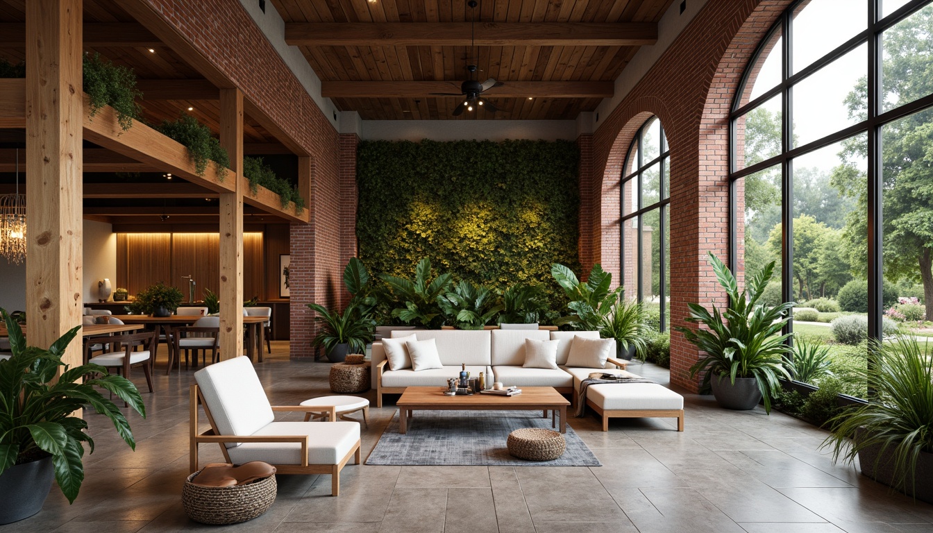 Prompt: Exposed brick walls, reclaimed wood accents, industrial metal beams, organic curved lines, earthy color palette, natural stone flooring, lush greenery, living walls, modern minimalist decor, cozy reading nooks, floor-to-ceiling windows, soft warm lighting, shallow depth of field, 3/4 composition, panoramic view, realistic textures, ambient occlusion.